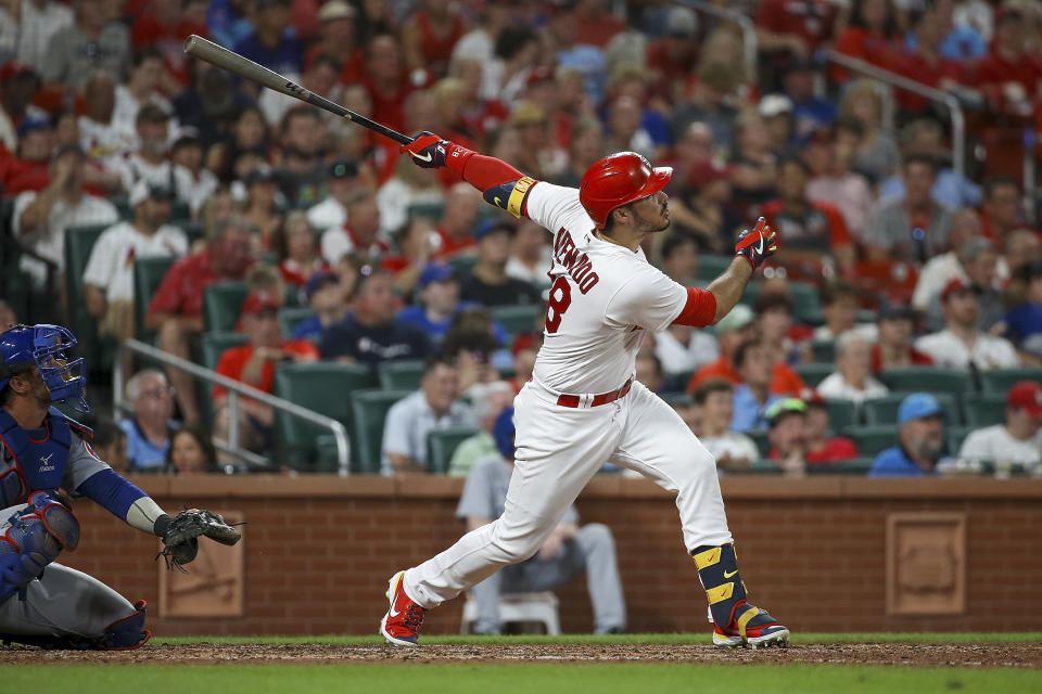 St. Louis Cardinals' Nolan Arenado hits a solo home run during the seventh inning of a baseball game against the Chicago Cubs Tuesday, Aug. 2, 2022, in St. Louis. (AP Photo / Scott Kane)