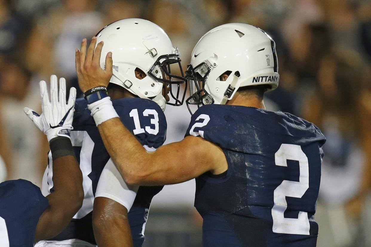 STATE COLLEGE, PA – SEPTEMBER 16: Saeed Blacknall #13 of the Penn State Nittany Lions celebrates a 35 yard touchdown with Tommy Stevens #2 against the Georgia State Panthers at Beaver Stadium on September 16, 2017 in State College, Pennsylvania. (Photo by Justin K. Aller/Getty Images)