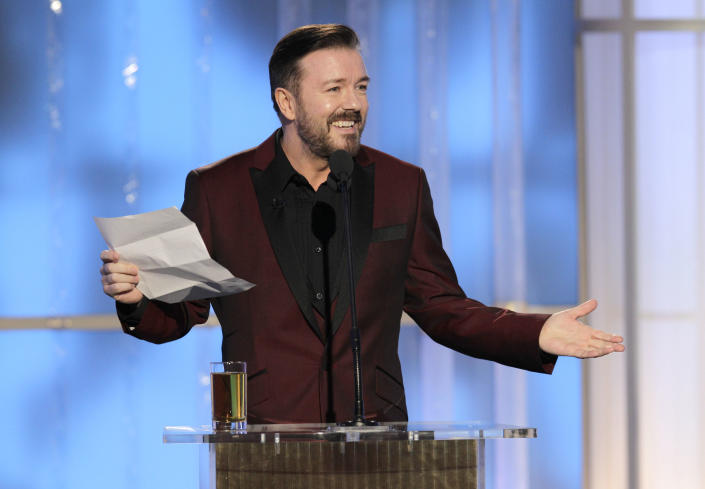 Ricky Gervais continuously won headlines for his snark-laden monologues as host of the Golden Globes. (Paul Drinkwater/NBC via Getty Images)