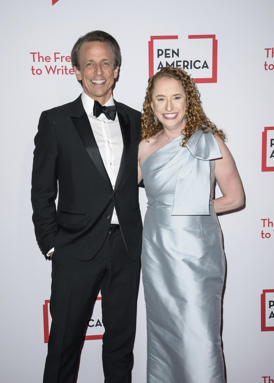 Seth Meyers, left, and Suzanne Nossel, right, attend the PEN America Literary Gala at the American Museum of Natural History, Thursday, May 16, 2024, in New York. (Photo by Christopher Smith/Invision/AP)