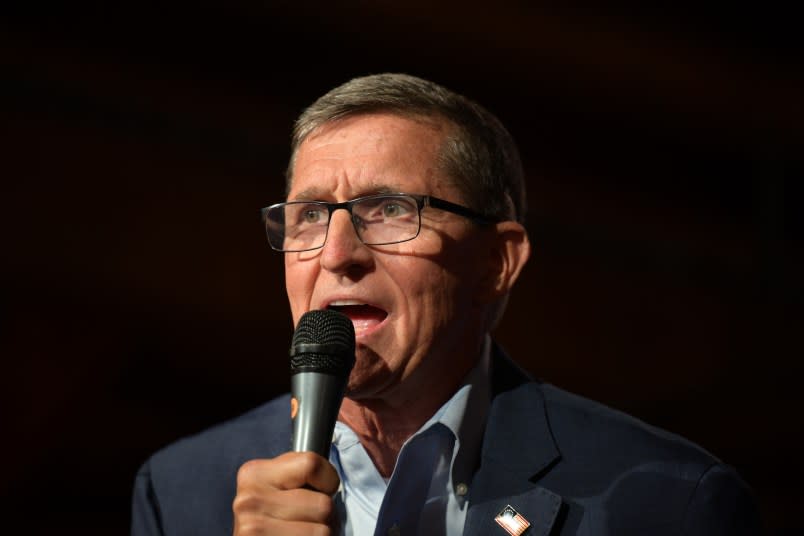 Michael Flynn, former U.S. National Security advisor to former President Trump, speaks at a campaign event for U.S. Senate candidate Josh Mandel on April 21, 2022 at Mapleside Farms in Brunswick, Ohio. (Photo by Dustin Franz/Getty Images)
