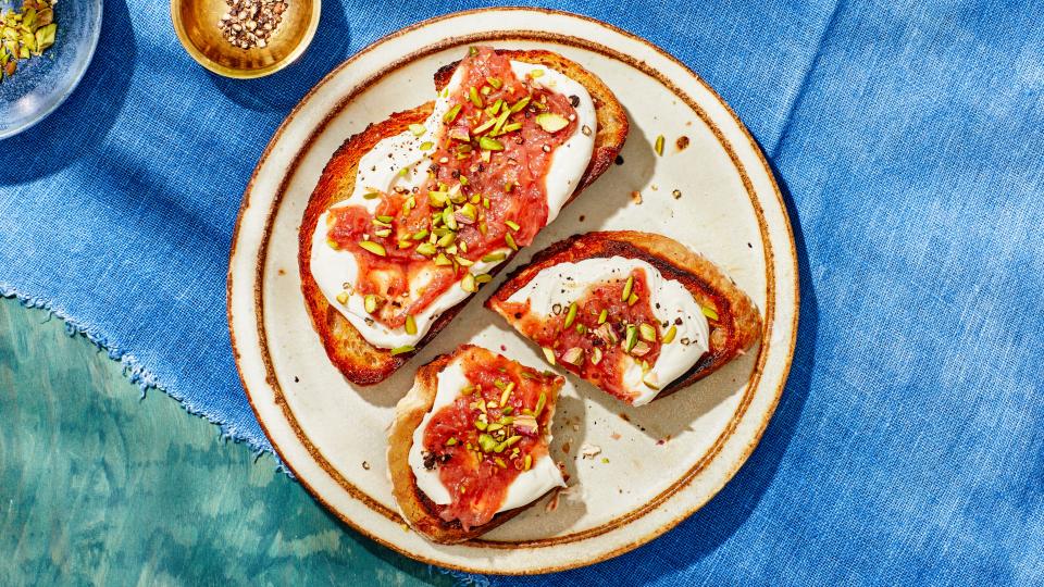 Whipped Ricotta Toast With Date and Rhubarb Compote