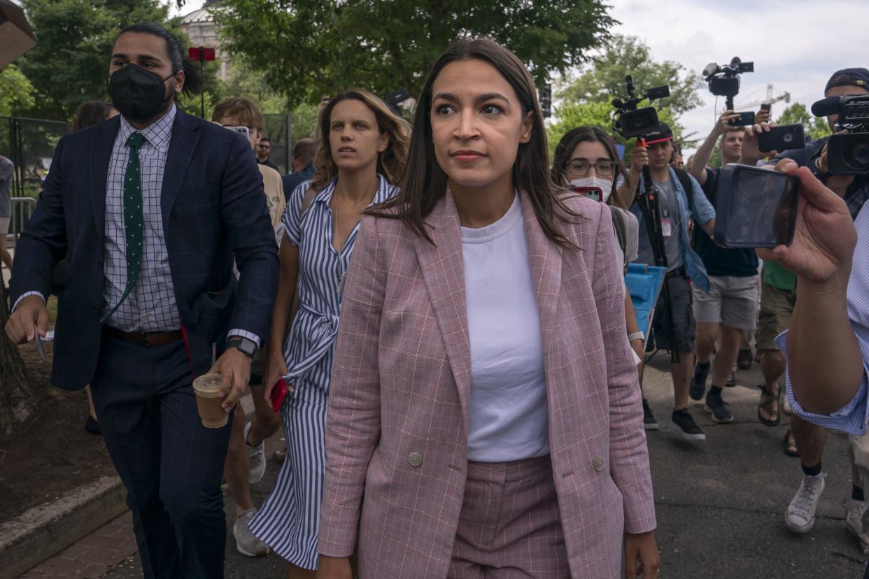 Rep. Alexandria Ocasio-Cortez (D-NY) leaves after speaking to abortion-rights activists in front of the U.S. Supreme Court after the Court announced a ruling in the Dobbs v Jackson Women's Health Organization case on June 24, 2022 in Washington, DC.