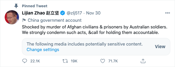 A pinned tweet on Lijian Zhao's Twitter feed, which reads: 'Shocked by murder of Afghan civilians & prisoners by Australian soldiers.' It was accompanied by the fake Aussie soldier image which provoked Scott Morrison.