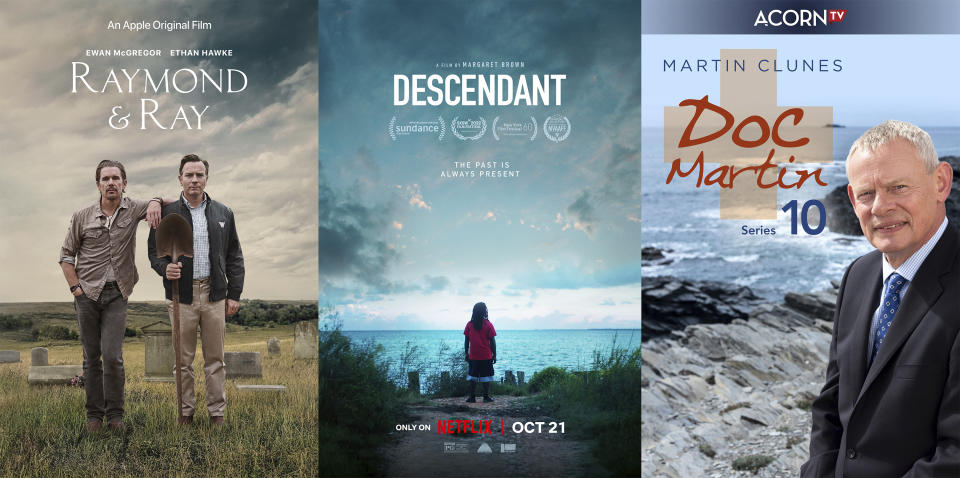 This combination of images shows promotional art for "Raymond & Ray," a film premiering Oct. 21 on Apple TV, "Descendant," a documentary premiering Oct. 21 on Netflix, and "Doc Martin," premiering its 10th and final season Oct. 17 on Acorn TV. (Apple/Netflix/Acorn via AP)