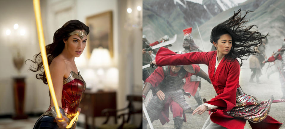 This combination photo shows Gal Gadot in a scene from the Warner Bros. Pictures film "Wonder Woman 1984," left, and Yifei Liu in a scene from Disney's "Mulan." (Warner Bros. via AP, left, and Disney via AP)