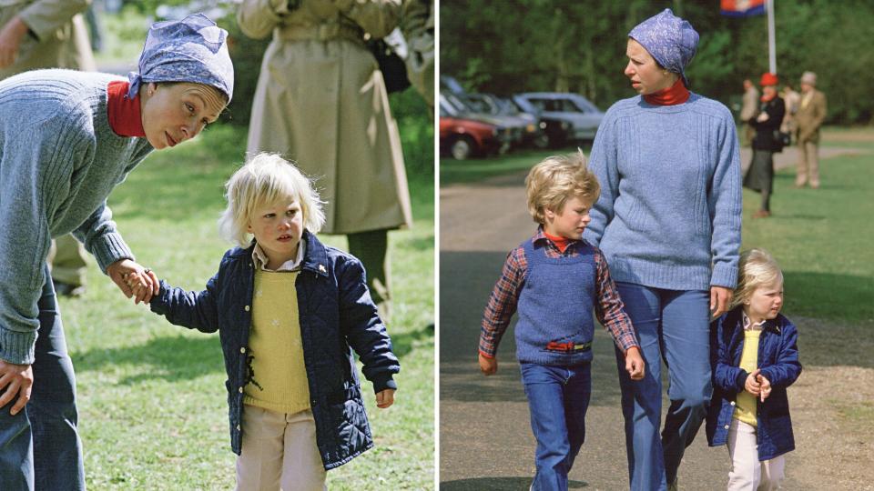 Two photos of Princess Anne with her young children