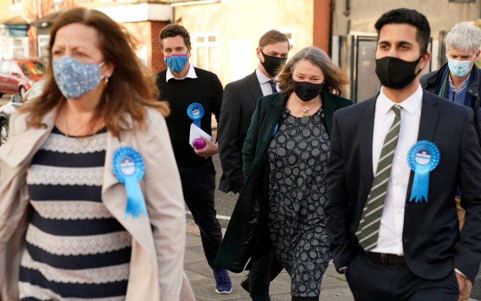 Conservative's Jill Mortimer (third from right) arrives at Mill House Leisure Centre in Hartlepool - PA