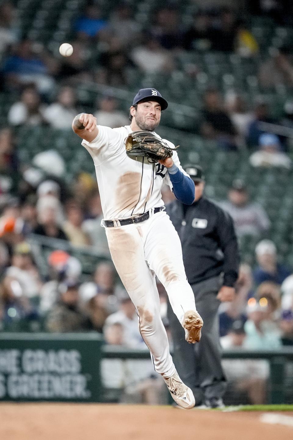 Tigers third baseman Matt Vierling throws the ball to first base during the top of the ninth inning of the Tigers' 3-1 win over the White Sox on Saturday, Sept. 9, 2023, at Comerica Park.
