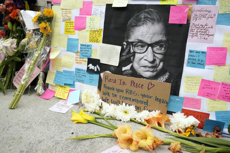 A memorial outside Harvard Law School was created for the justice known as RBG on Tuesday. (Photo: ASSOCIATED PRESS)