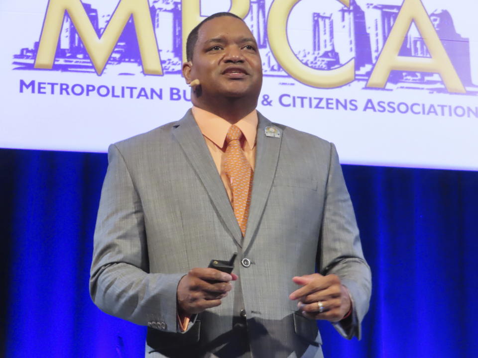 Atlantic City Mayor Marty Small speaks at an event in Atlantic City, N.J., on Feb. 2, 2024. On April 15, 2024, Small and his wife were charged with abusing their teenage daughter, a situation their lawyer described as a private family matter. (AP Photo/Wayne Parry)