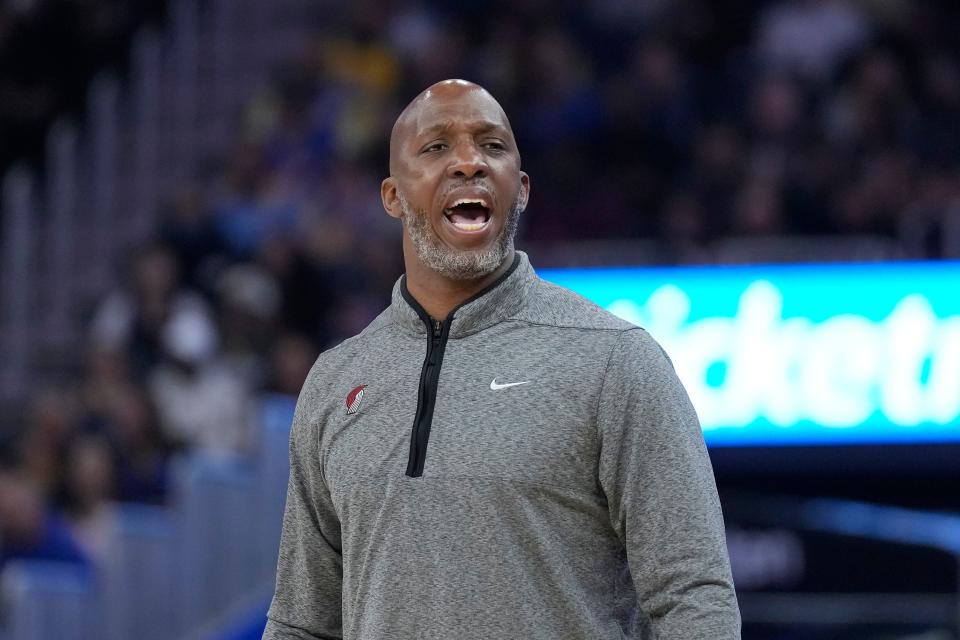 Portland Trail Blazers head coach Chauncey Billups yells toward players during the first half of the team's NBA basketball game against the Golden State Warriors in San Francisco, Tuesday, Feb. 28, 2023. (AP Photo/Jeff Chiu)