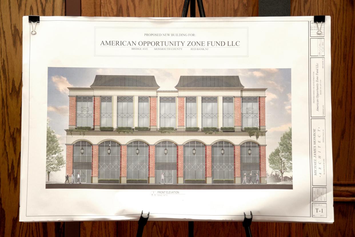 A rendering for a four story 32-unit apartment building by American Opportunity Zone Fund on Thursday, November 1, 2023 at Borough Hall in Red Bank, New Jersey.