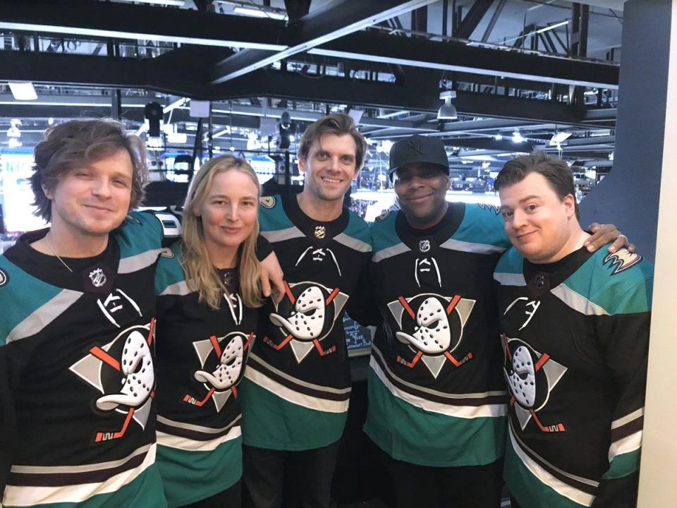 A number of the film's cast members were seen being filmed in their original Ducks jerseys.