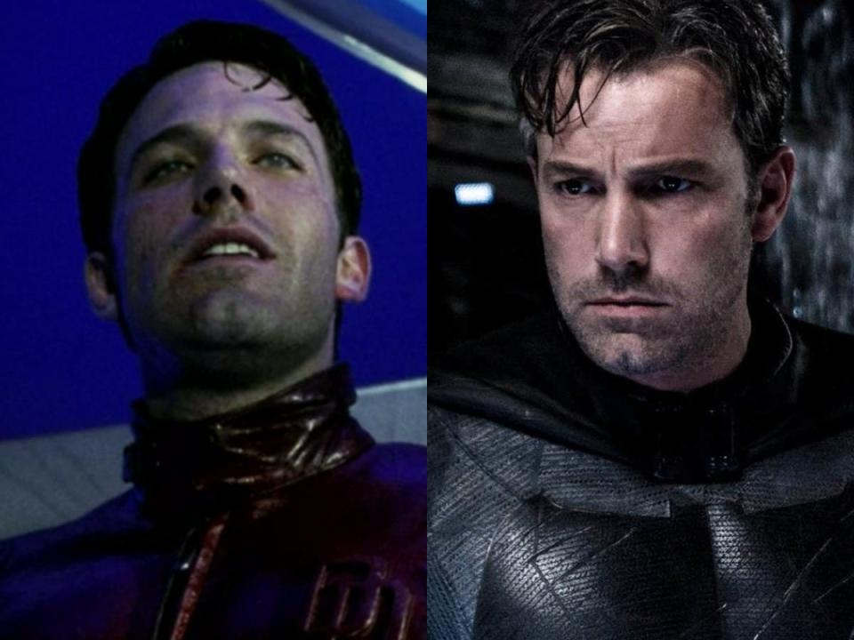 On the left: Ben Affleck as Matt Murdock/Daredevil in "Daredevil." On the right: Affleck as Batman.