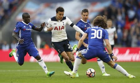 Britain Soccer Football - Tottenham Hotspur v Chelsea - FA Cup Semi Final - Wembley Stadium - 22/4/17 Tottenham's Dele Alli in action with Chelsea's David Luiz, Cesar Azpilicueta and N'Golo Kante Action Images via Reuters / Carl Recine Livepic