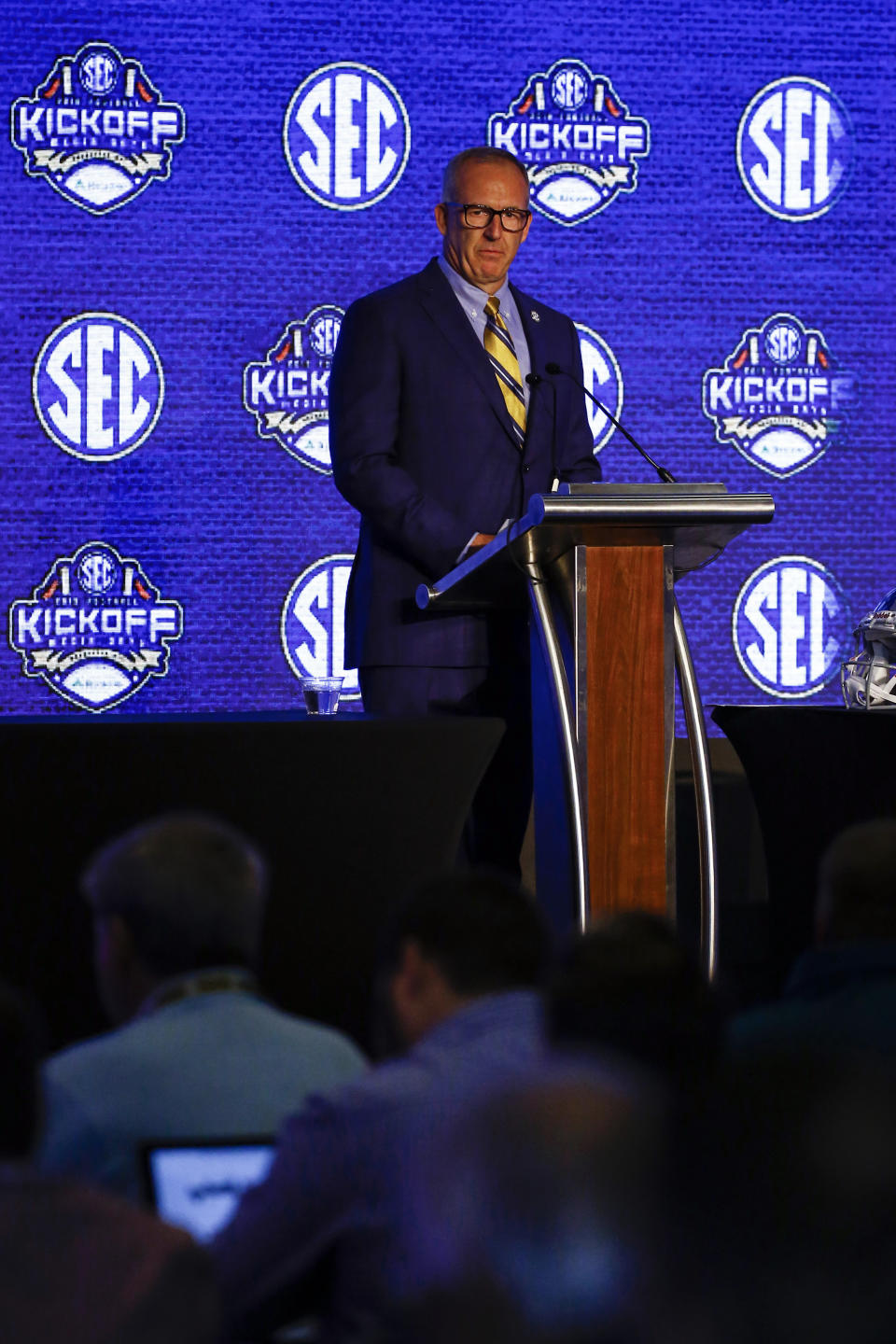 Southeastern Conference commissioner Greg Sankey speaks during the NCAA college football Southeastern Conference Media Days, Monday, July 15, 2019, in Hoover, Ala. (AP Photo/Butch Dill)