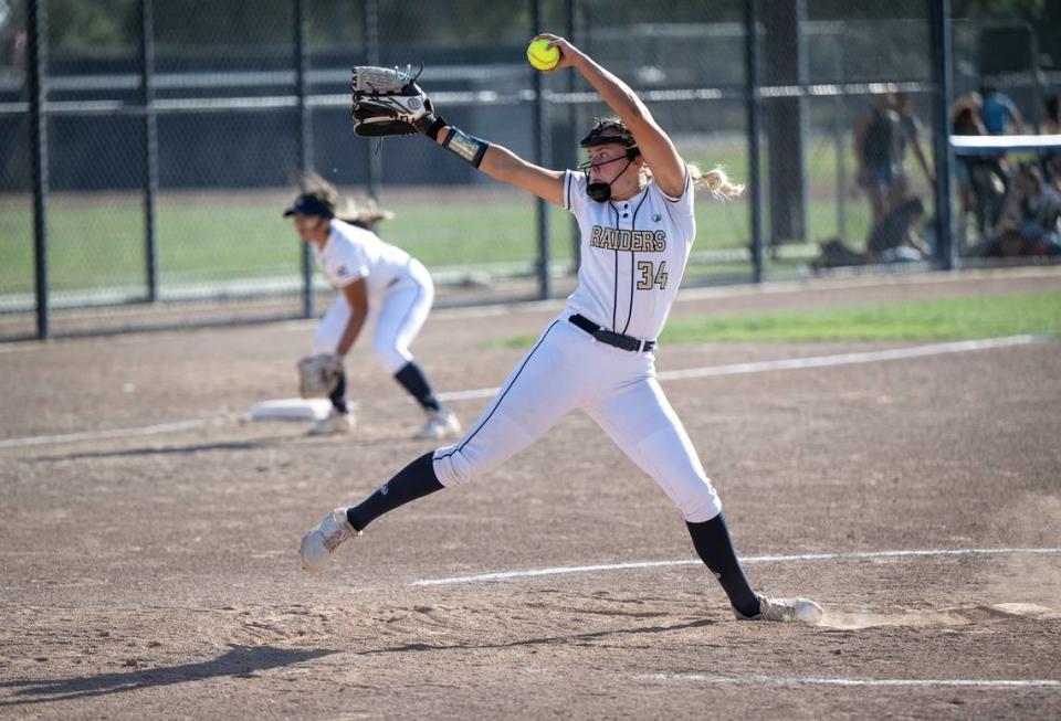 Central catholic’s Randi Roelling struck out 13 batters in the Sac-Joaquin Section Division III semifinal game with Oakdale at Central Catholic High School in Modesto, Calif., Tuesday, May 23, 2023. The Raiders won the game 1-0.