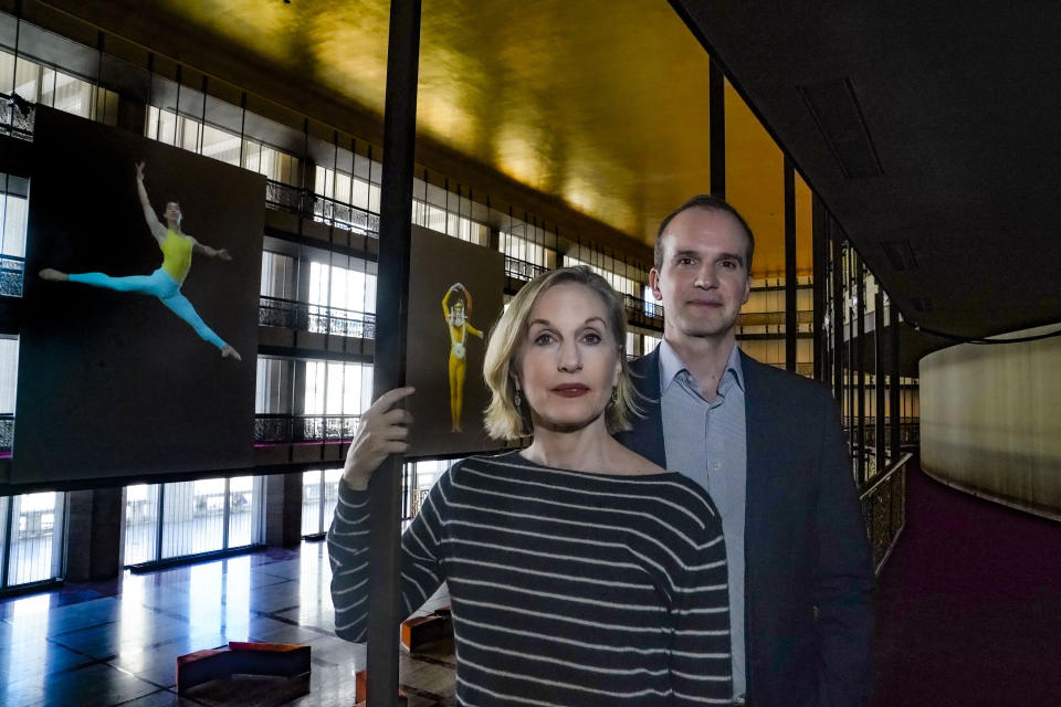 New York City Ballet's artistic director Jonathan Stafford, right, and associate artistic director Wendy Whelan pose inside the lobby of the David H. Koch Theater at Lincoln Center, Thursday, Feb. 29, 2024, in New York. (AP Photo/Bebeto Matthews)