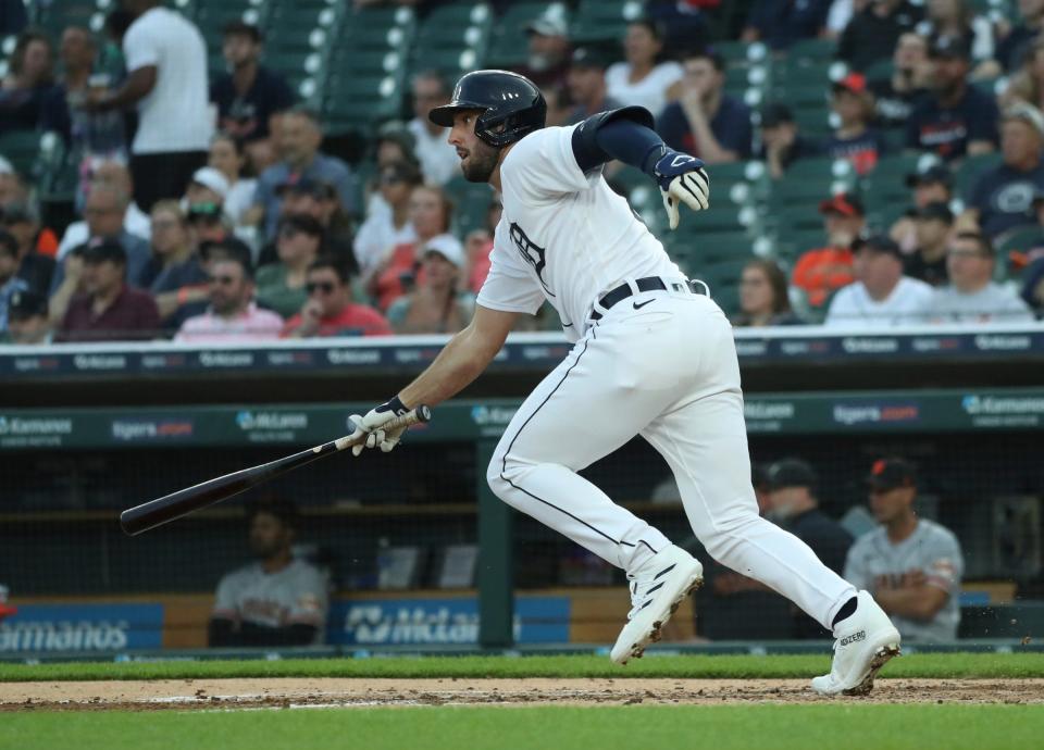 Detroit Tigers center fielder Matt Vierling (8) singles against San Francisco Giants starting pitcher Sean Manaea (52) during third-inning action Friday, April 14, 2023, at Comerica Park in Detroit.