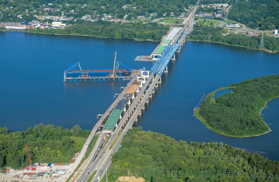The new eastbound span of the McClugage Bridge, shown in this aerial photo from Aug. 31, 2023, is expected to be completed in the latter half of 2024.