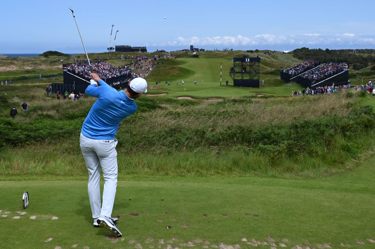 US golfer Kyle Stanley tees off from the 13th hole during the third round of the British Open golf Championships at Royal Portrush golf club in Northern Ireland on July 20, 2019. (Photo by Paul ELLIS / AFP) / RESTRICTED TO EDITORIAL USE        (Photo credit should read PAUL ELLIS/AFP/Getty Images)