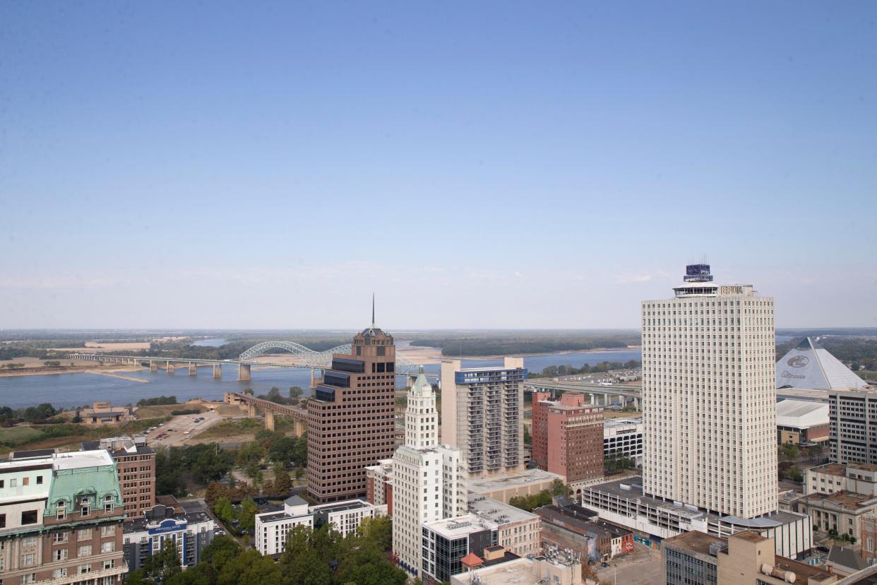 The Mississippi River, Hernando de Soto Bridge and the Memphis skyline are seen from the roof of the Sterick Building during a tour of the building in Downtown Memphis, on Thursday, October 19, 2023.