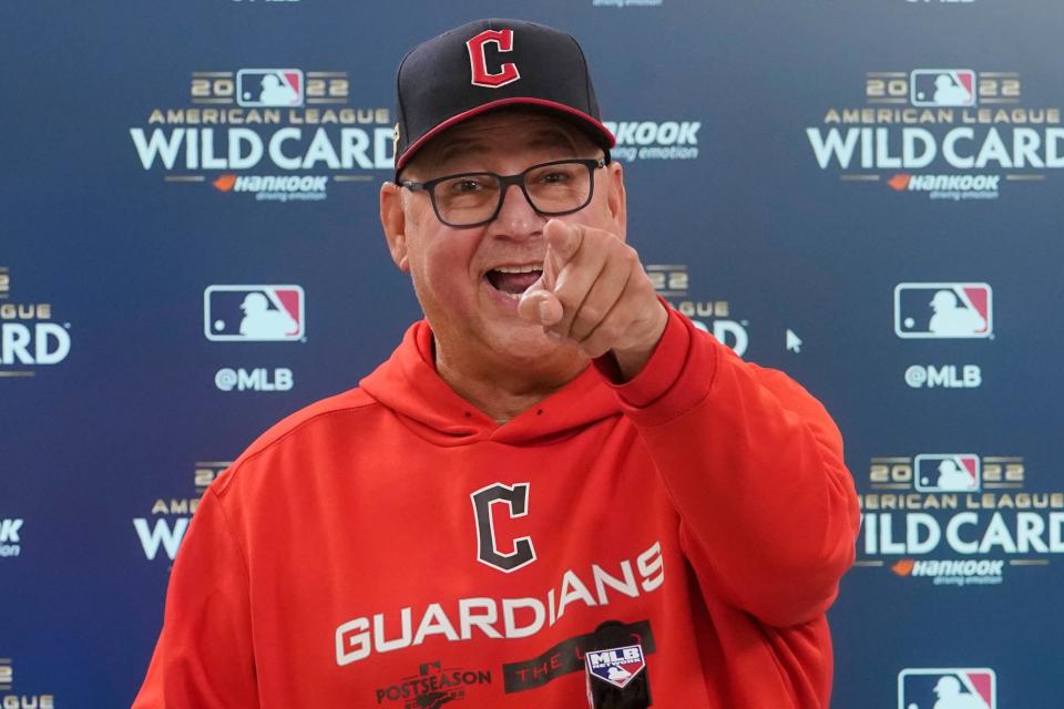 Cleveland Guardians manager Terry Francona gestures during an interview, Thursday, Oct. 6, 2022, in Cleveland, the day before their wild card baseball playoff game against the Tampa Bay Rays. (AP Photo/Sue Ogrocki)