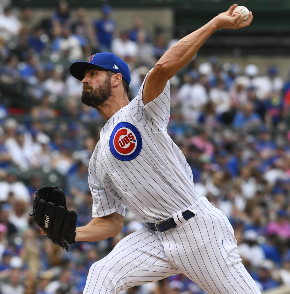 Chicago Cubs starting pitcher Cole Hamels (35) delivers during the first inning of a baseball game against the New York Mets Sunday, June 23, 2019, in Chicago. (AP Photo/Matt Marton)