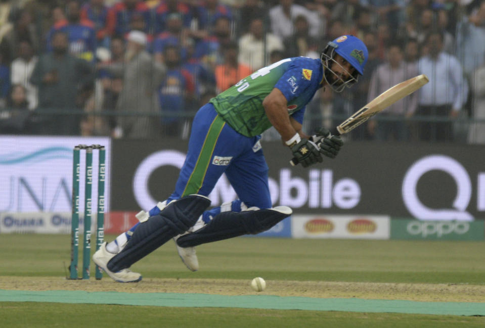 Shan Masood of Multan Sultan hits boundary against Karachi Kings during the Pakistan Super League T20 cricket match in Multan, Pakistan, Friday, Feb. 28, 2020. (AP Photo/AsimmTanveer)