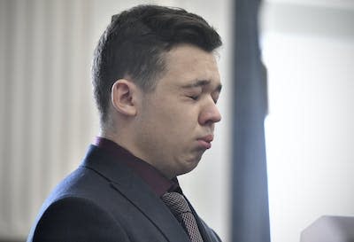 Kyle Rittenhouse closes his eyes and cries as he is found not guilty on all counts in Kenosha, Wis., in November 2021. (Sean Krajacic/The Kenosha News via AP, Pool)