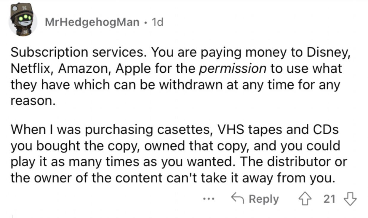 Reddit screenshot about how you pay permission to stream content from various streaming services.