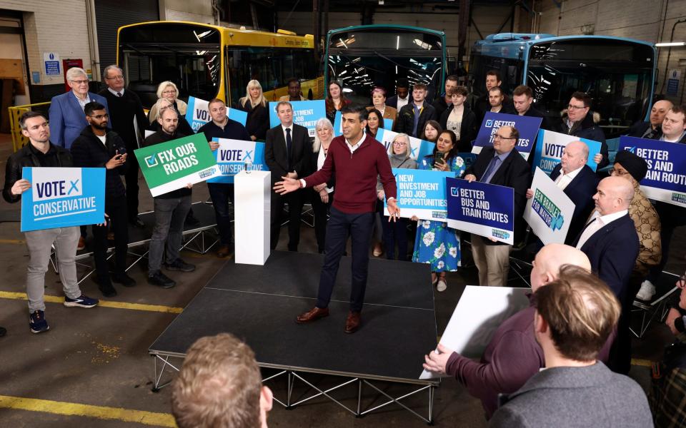 Rishi Sunak, the Prime Minister, launches the Conservative Party's local elections campaign during a visit to a bus depot in Derbyshire today