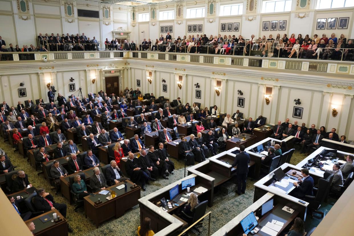 Gov. Kevin Stitt gives his State of the State speech Feb. 5 during the first day of the Oklahoma Legislature.