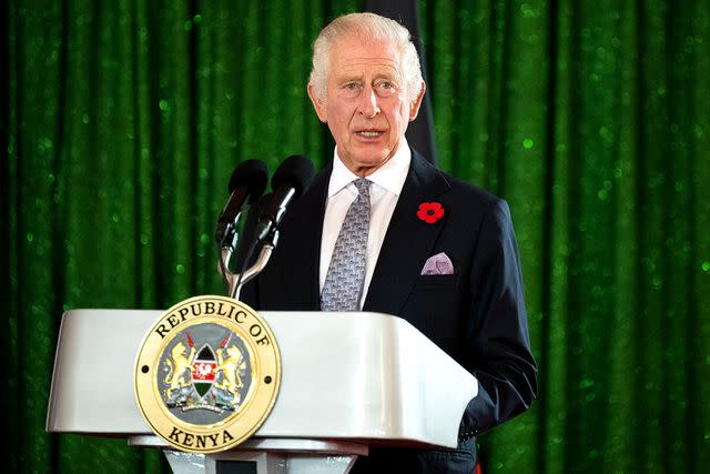 <p>Samir Hussein/WireImage</p> King Charles speaks at the state banquet on October 31.