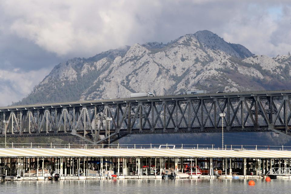 The Pit River Bridge over Lake Shasta near Bridge Bay Marina as shown in January 2020.