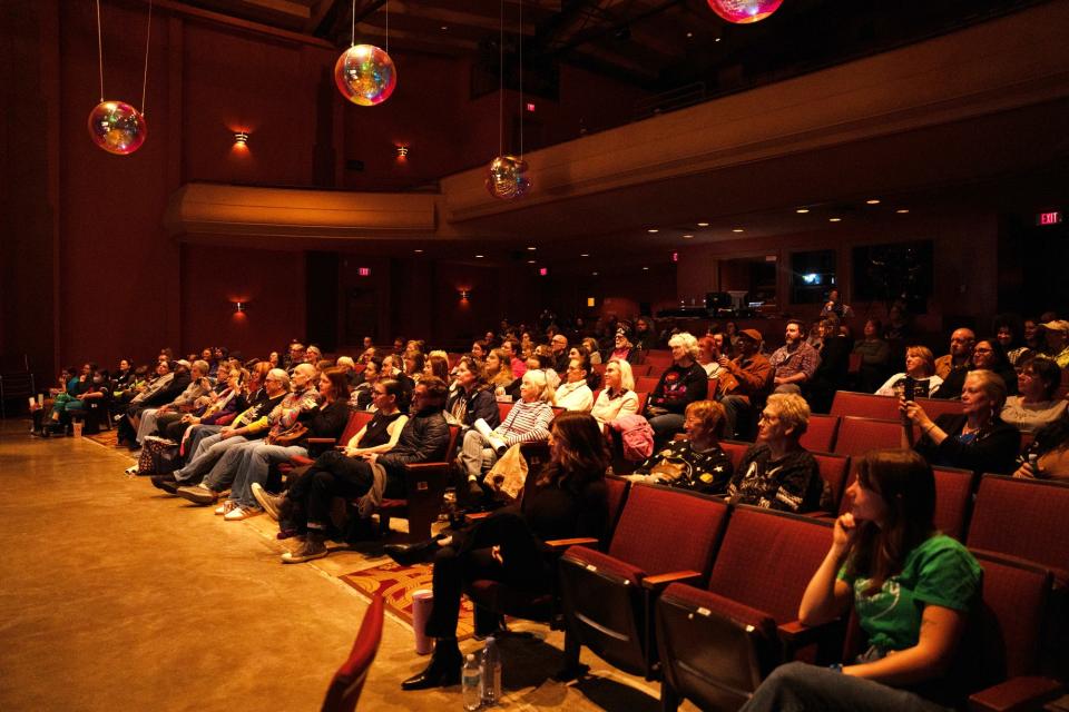 The audience watches as the speaker gives their heartfelt speech at Remembering Lil Bub at Buskirk-Chumley Theater on Saturday, Feb. 3, 2024.