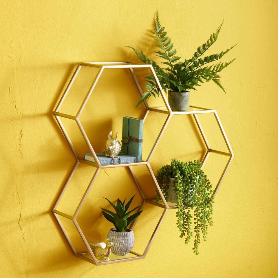 69) Gold and Glass Honeycomb Wall Shelf