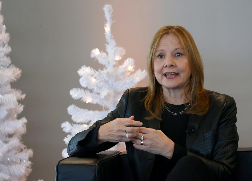 General Motors CEO Mary Barra, talks with members of the Automotive Press Association during their luncheon and a question and answer session at the Waterview Loft at Port Detroit in Detroit on Dec. 8, 2022.