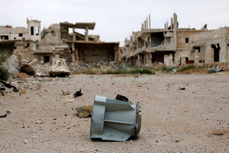 The remains of a shells pictured along a street in rebel-held area of southern city of Deraa, Syria April 23, 2017. REUTERS/Alaa Al-Faqir