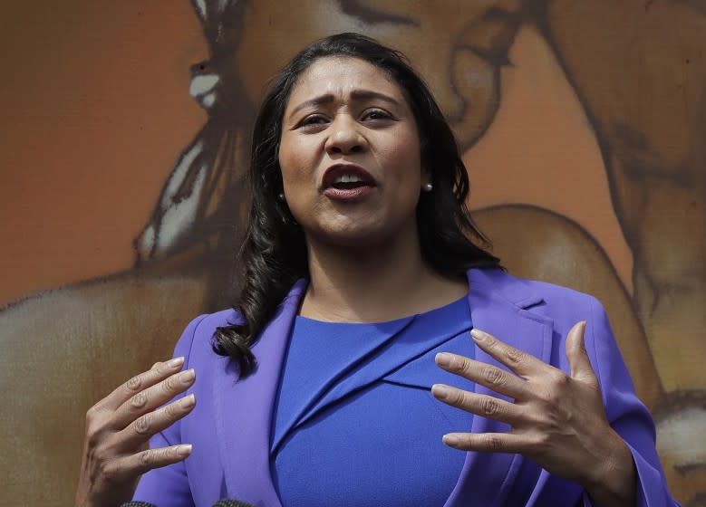 Board of Supervisors President London Breed speaks to reporters in San Francisco, Wednesday, June 6, 2018. Former state Sen. Mark Leno pulled ahead in San Francisco's race for mayor by the slimmest of margins early Wednesday under the city's unusual voting system, although Breed maintained her lead in first-place votes. (AP Photo/Jeff Chiu)