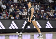 Stephen F. Austin guard Kyla Deck (12) reacts after a 3-point basket against California Baptist during the first half of an NCAA college basketball game in the championship of the Western Athletic Conference women's tournament, Saturday, March 16, 2024, in Las Vegas. (AP Photo/David Becker)