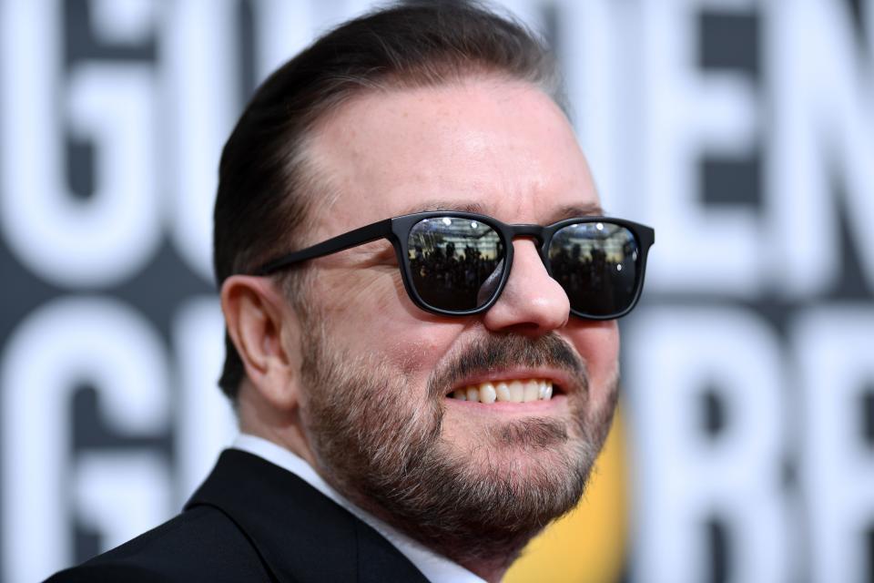 British host Ricky Gervais arrives for the 77th annual Golden Globe Awards on January 5, 2020, at The Beverly Hilton hotel in Beverly Hills, California. (Photo by VALERIE MACON / AFP) (Photo by VALERIE MACON/AFP via Getty Images)