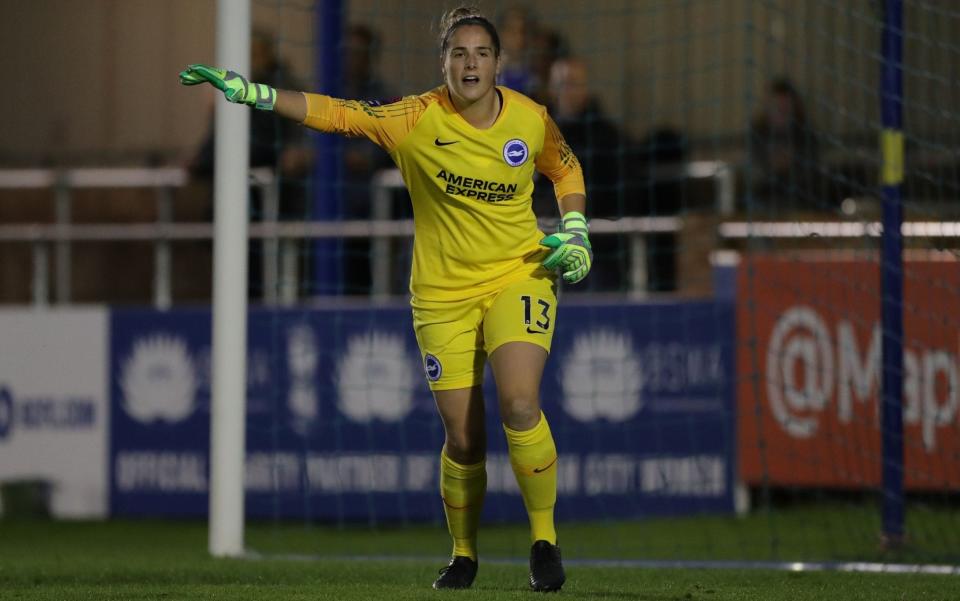 Crystal Palace Women’s goalkeeper Lucy Gillett (pictured in 2018 playing for Brighton) suffered sexist and body-shaming abuse and said she would walk off the pitch if it were to happen again - REX
