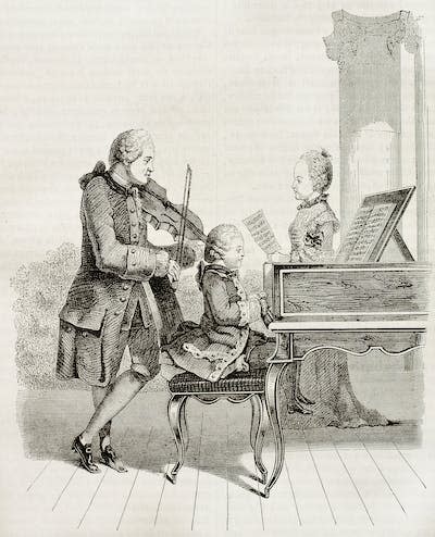 A sketch of a young Mozart with his father and sister. Circa 1845. (Shutterstock)