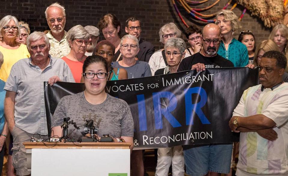 Advocates for Immigration Rights and Reconciliation members are seen at a 2019 press conference in support of Florencio Millan, 32, who was forcibly detained by an Immigration and Customs Enforcement agent.