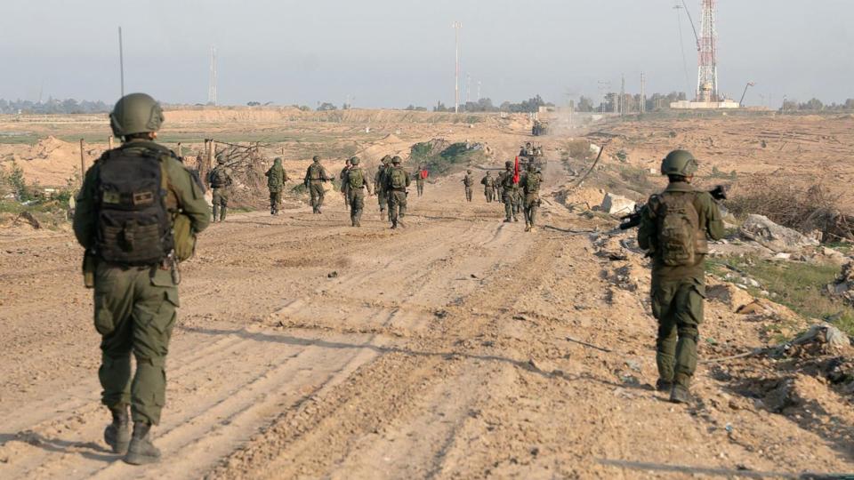 PHOTO: Israeli army soldiers patrol at an unspecified location in the Gaza Strip amid ongoing battles between Israel and the Palestinian militant group Hamas, February 23, 2024. (Israel Defense Forces/AFP via Getty Image)