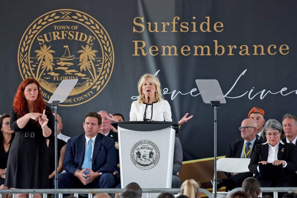 First Lady Jill Biden speaks during the one year Surfside Remembrance Event for the victims of the collapse of the 12-story Champlain Towers South condo building on June 24, 2022 in Surfside, Florida. 98 people died when the building partially collapsed on June 24, 2021.