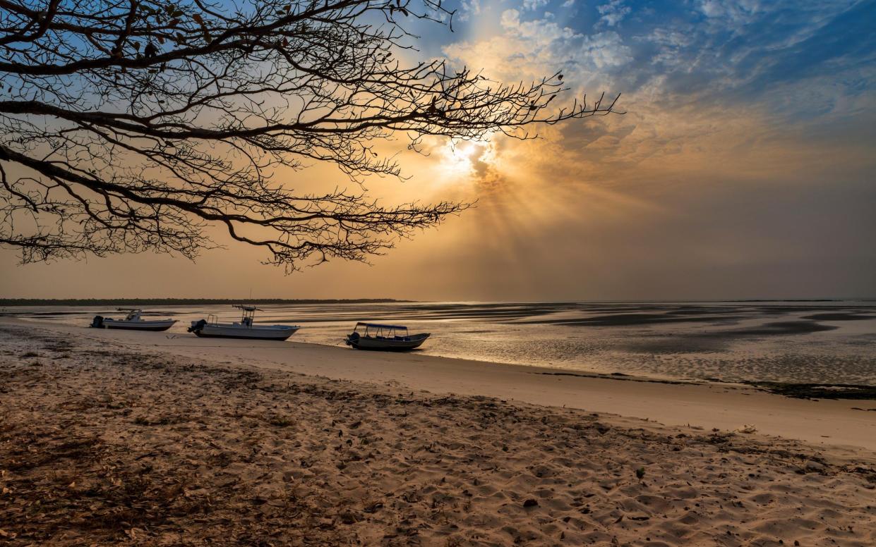 Deserted beach on the island of Orango at sunset, in Guinea Bissau. Orango is part of the Bissagos archipelago