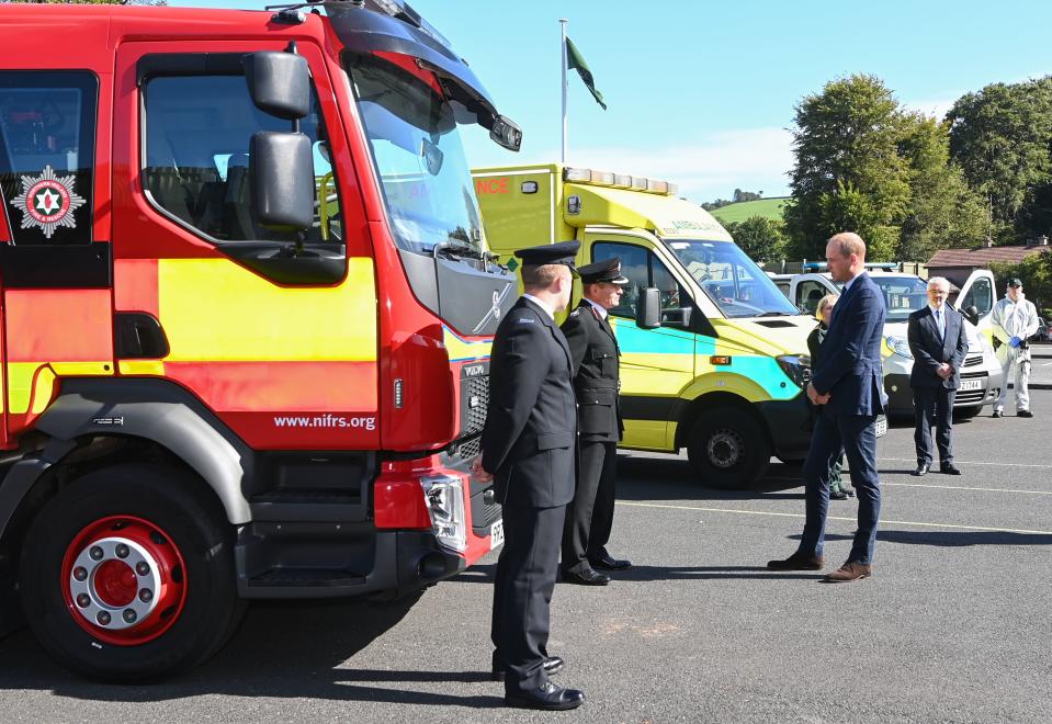 BELFAST, NORTHERN IRELAND - SEPTEMBER: Prince William, Duke of Cambridge meets with Chiefs of the PSNI, Fire Service and Ambulance Service, as he attends a PSNI Wellbeing Volunteer Training course to talk about mental health support within the emergency services at PSNI Garnerville on September 09, 2020 in Belfast, Northern Ireland. (Photo by Tim Rooke - WPA -Pool/Getty Images)